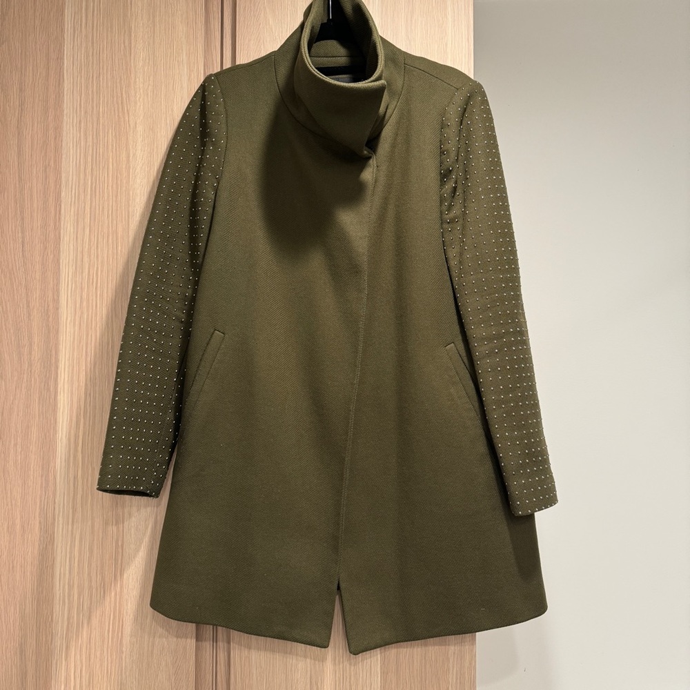 Zara Women Olive Green Coat Studded Sleeves - L